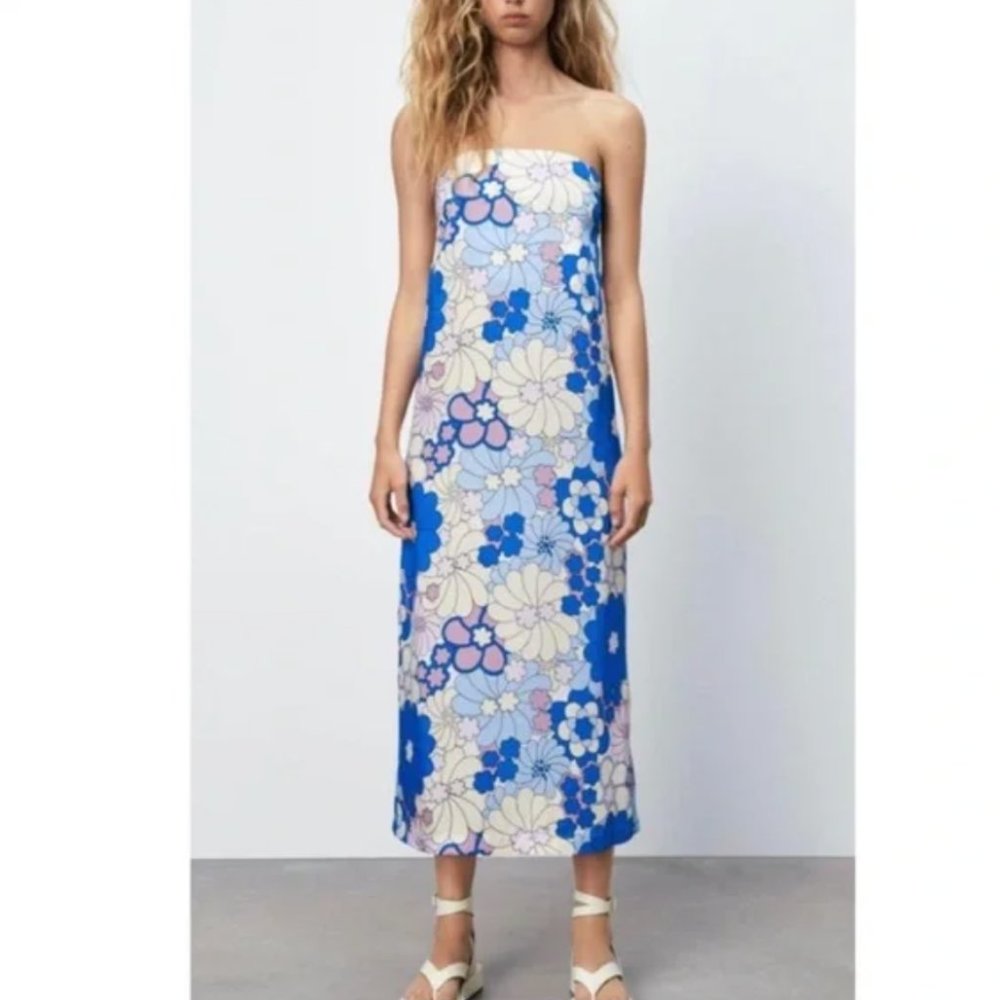 Zara Blue Multicolor Floral Satin Strapless Tube Midi Dress Size XS